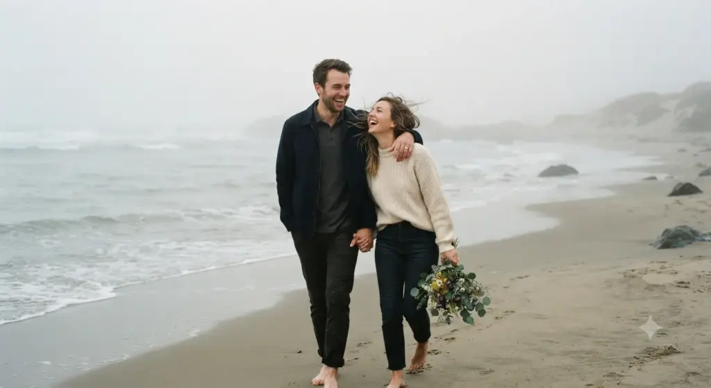 Atmospheric foggy engagement photo of a couple on a quiet beach
