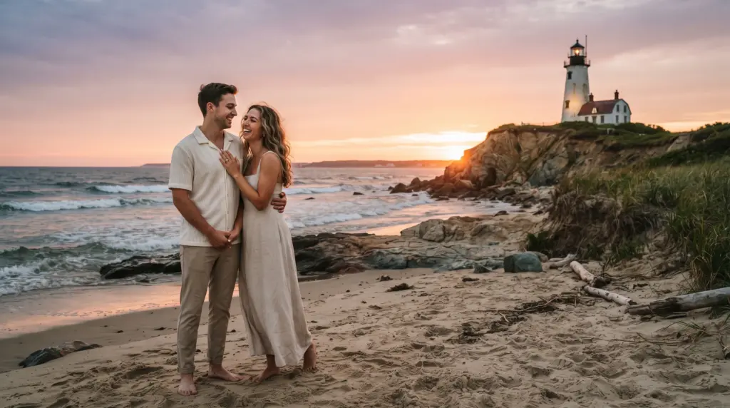 Engagement photos taken at a classic island lighthouse at sunset
Couple in coordinated neutral outfits posing on a sandy beach for engagement portraits