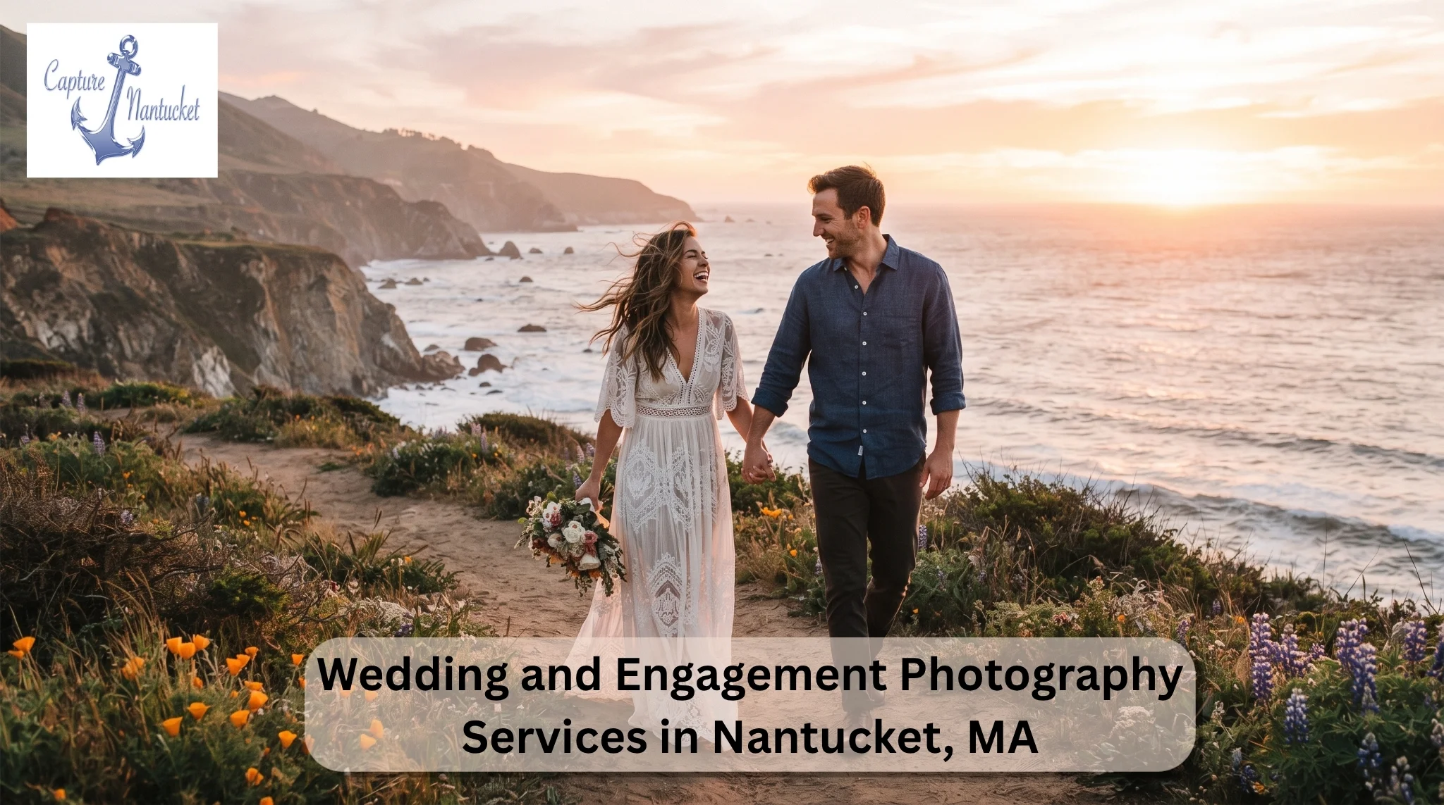 Engaged couple walking a coastal bluff path during a golden hour engagement session
